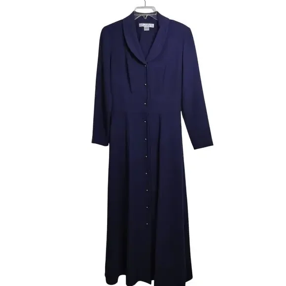 5066)Vtg David Warren Old Money Navy Button Up Size 8 Long Sleeve Maxi Dress - Picture 2 of 10
